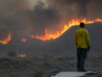 Petugas pemadam kebakaran menyaksikan api Hughes Fire di kebakaran Los Angeles membakar perbukitan di Castaic, Negara Bagian California, Amerika Serikat, Rabu (22/1/2025).(GETTY IMAGES NORTH AMERICA/BRANDON BELL via AFP)