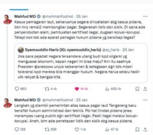 Mahfud MD sebut pemerintah tak tegas soal pagar laut, padahal tindak pidana jelas ada (X @mohmahfudmd)